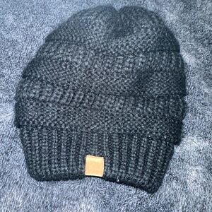 Black Knit Beanie with Tan Tag